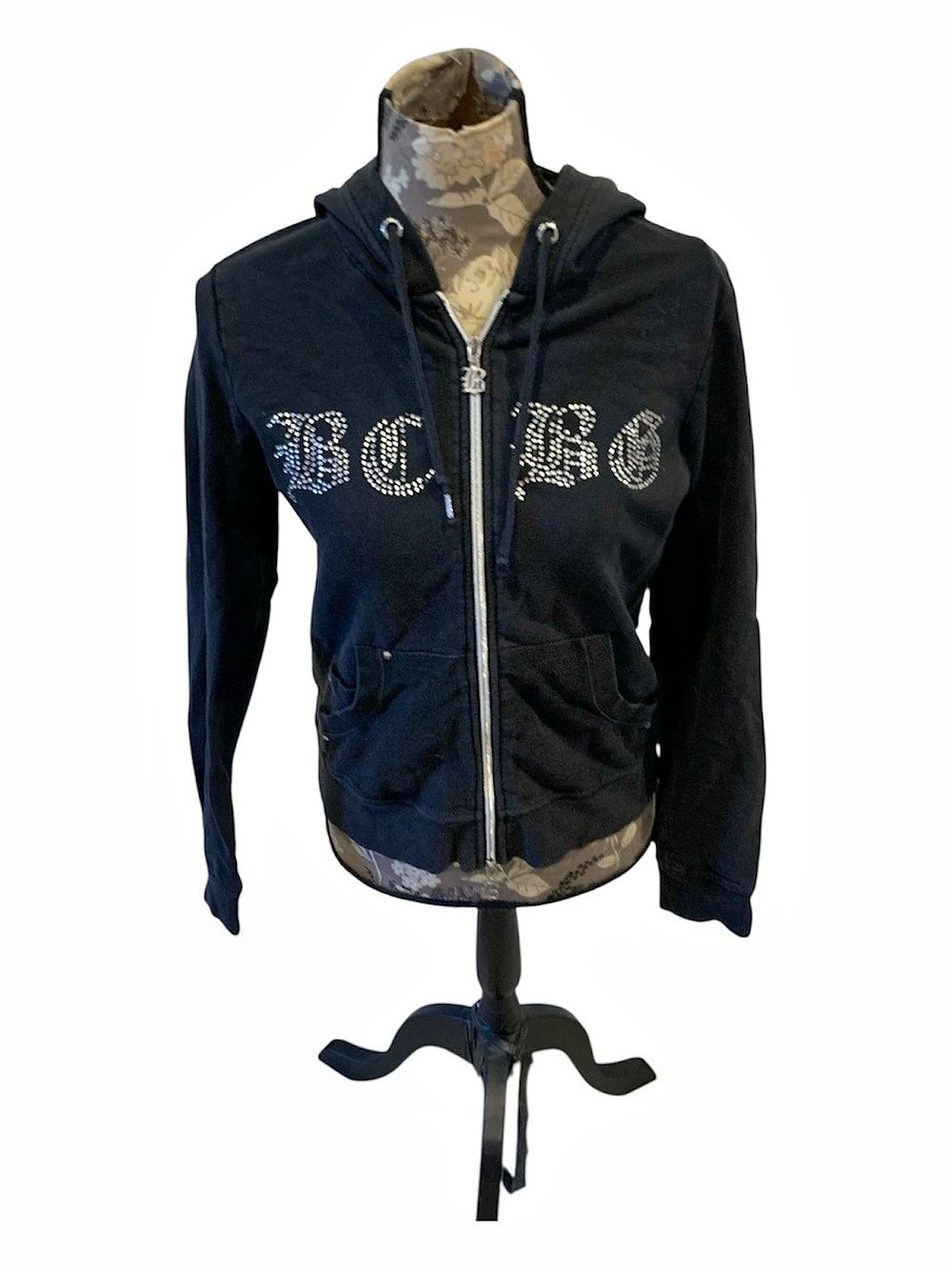 BCBGMAXAZRIA Y2K Rhinestone Zip Hoodie in Black Size Medium